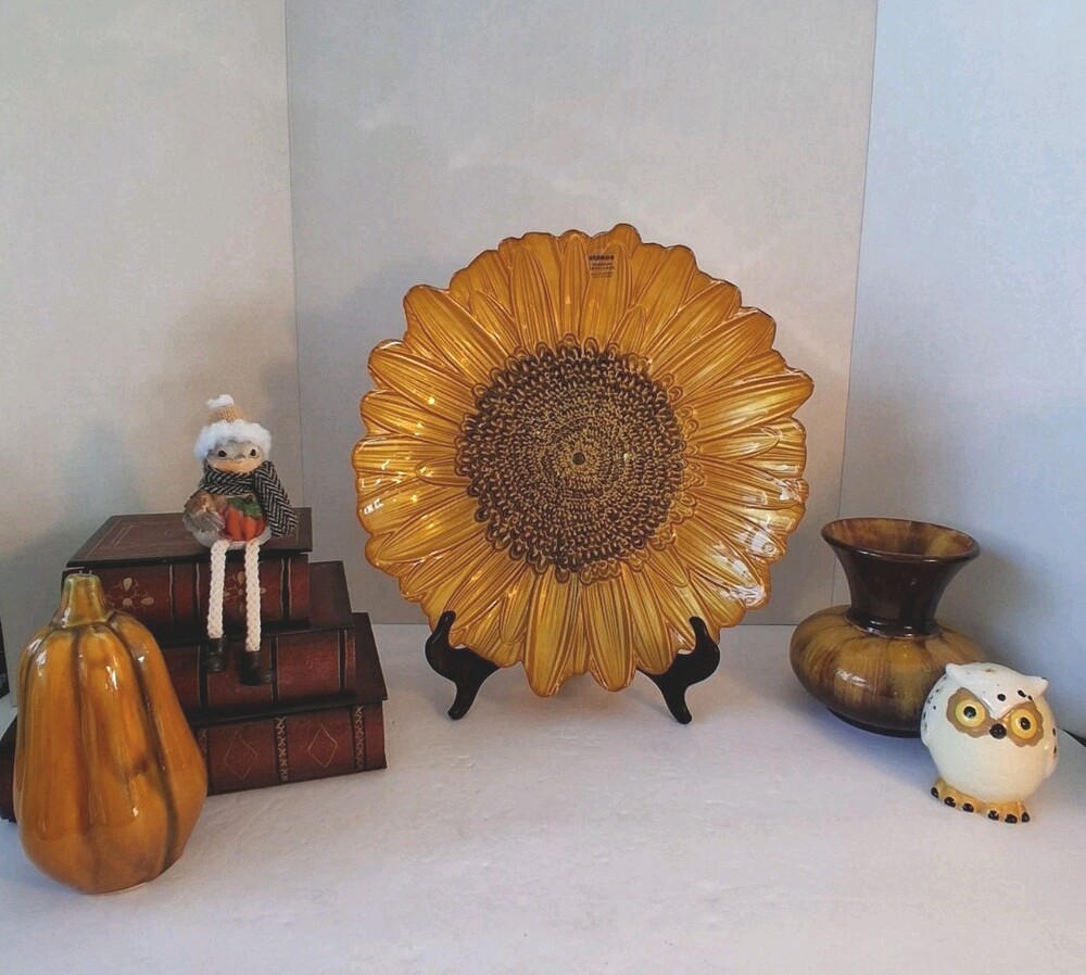 New!(NOS) VTG 'Stokes' Co. Glass Sunflower Platter Plate Yellow Flower;Turkiye